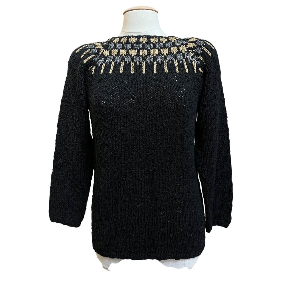 Liz Claiborne Vtg 80’s Black & Metallic Silver Gold Knit Silk Blend‎ Sweater Lg